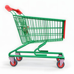 Wall Mural - Green supermarket cart, red bumper, white background
