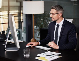 Poster - Businessman, desk and computer in office with working with manager for corporate project. Auditing, table and workstation with technology for accounting with notes for client in company at desktop