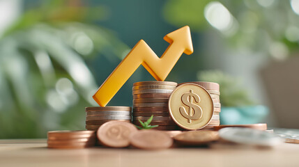 Wall Mural - Stack of gold coins and yellow upward-pointing arrow on the table and blurred background. The concept of inflation, finance graph arrow on a stack of coins.	