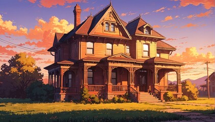 Wall Mural - victorian house in sunset in landscape anime cartoon illustration from Generative AI