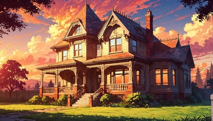 Wall Mural - victorian house in sunset in landscape anime cartoon illustration from Generative AI