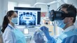 Dentist working with patient, using VR computer for filling out charts, scheduling treatment with AI technology to innovate dentistry.
