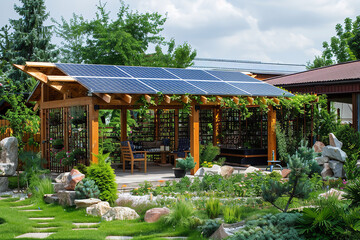 Sticker - A garden pergola equipped with solar panels showcases eco-friendly energy solutions - blending sustainability with outdoor elegance