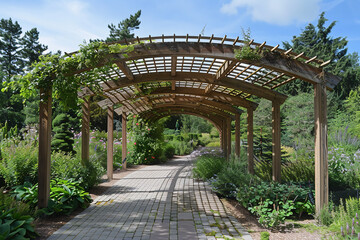 Poster - At a botanical garden - an innovative bioclimatic pergola shelters a pathway - blending seamlessly with the natural surroundings and enhancing visitor experiences