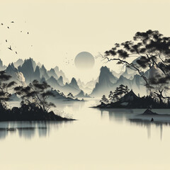 Wall Mural - Oriental ink landscape painting with quieter and simpler elements