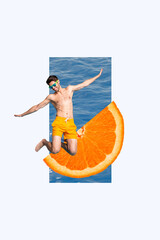 Poster - Vertical photo image collage young cheerful smile jumping man sunglass naked torso fit orange slice cheerful drawing background