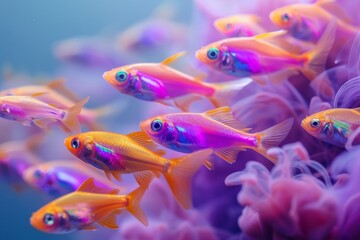 Wall Mural - Vibrant tetra fish swimming in aquarium