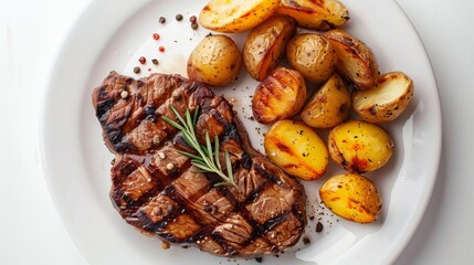 Poster - A grilled beef steak and potatoes on a plate isolated on a white background, top view