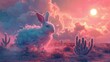 Mystical rabbit in a dreamy desert under a pink sky
