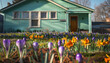 An early spring shot of a mint green house with crocuses and daffodils blooming in the front garden.