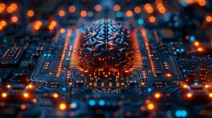 Poster - The digital blueprint for the brain in a technological look; the concept of technological progress; a graphic representing a brain in a technological look