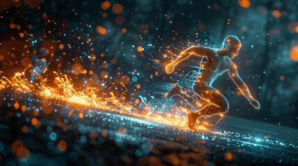 Poster - A dotted man is running with particles in this sport science concept