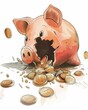 Artistic depiction of a broken piggy bank with coins spilling out, set against a clean white backdrop, illustrating financial distress and bankruptcy