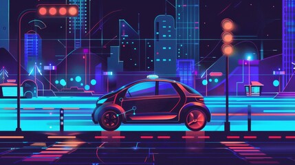 Aufkleber - Autonomous smart car concept banner. Autonomous smart car scans the road, signs, objects and crosswalks in the city. Modern illustration.