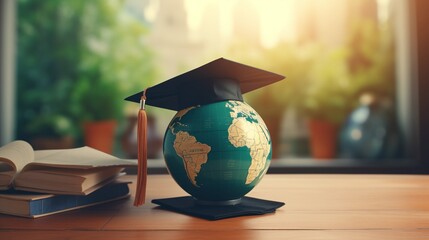 Graduation cap with Earth globe. Concept of global business study, abroad educational, Back to School. Education in Global world, Study abroad business in universities in worldwide.
