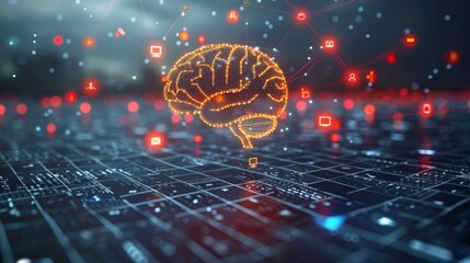 Aufkleber - Global communication or network concept with icons of digital technology, diagram of a brain