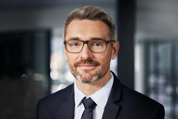 Wall Mural - Happy, portrait and mature man in office of startup law firm or company, professional and proud. Businessman, entrepreneur and ceo of legal agency, pride and confident for growth of business.