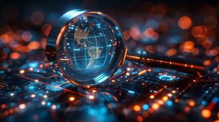 Fototapete - An icon for a search engine development concept with the look of a magnifying glass and a globe in a futuristic setting coupled with icons for digital technology.