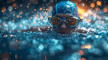 Poster - An athlete swimming in a polygon with lighting effects is a concept of sport science