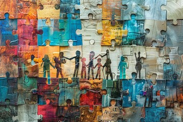 Wall Mural - Witness the power of collaboration in this artistic collage card, where individuals with diverse skills and backgrounds come together to work on a project