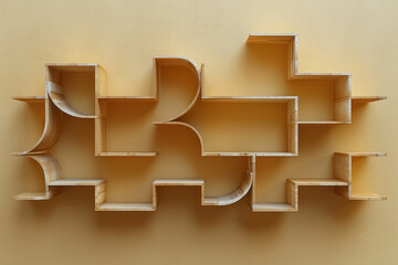 Poster - A scene showing a set of minimalist bookshelves, each shelf a different geometric shape, against a n