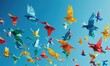 © Александр Михайлюк - Witness the grace of colorful paper origami birds soaring against a clear blue sky in a captivating and artistic composition