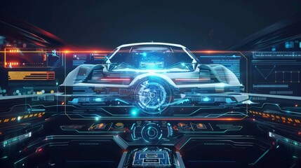 Fototapete - An interface with a hologram car style on the HUD, UI GUI. Hardware diagnostics status of the car. Virtual graphical interface with UI GUI. Auto-scanning, analysis, diagnostics, speedometer. VR.