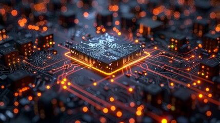 Aufkleber - Microchip and artificial intelligence brain with digital technology interface in isometric view of the internet of things
