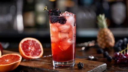Wall Mural - A glass of red drink with a blackberry garnish on top