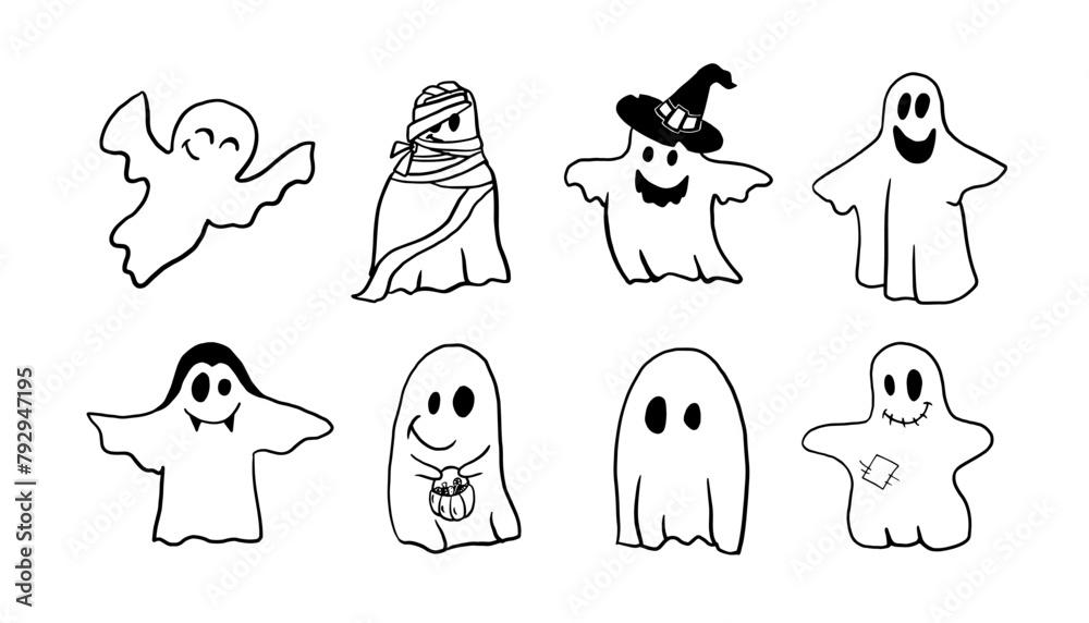 Cute set of cute ghost in doodle style. Halloween clipart. Funny vector ...
