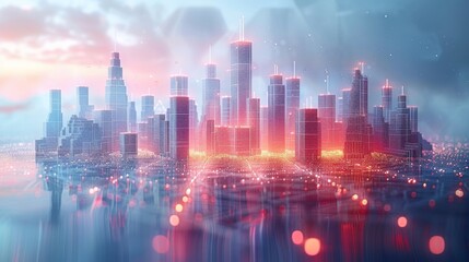 Poster - An illustration of a digital city or technology world, with buildings and mountains represented by polygons