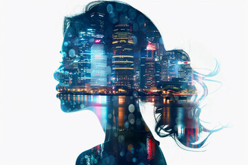 Double exposure business woman on white background. Concept of Business development.Success