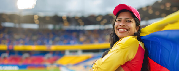 Wall Mural - Ecuadorian football soccer fans in a stadium supporting the national team, with flag, Los Tricolores
