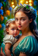 Beautiful young woman with a child in her arms, motherhood and love