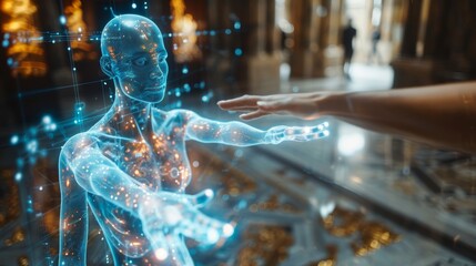 Poster - Augmented reality or AR technology, mobile device with a user reaching towards futuristic digital elements