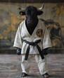 Schwarzer Bulle in weißem Jiu-Jitsu-Outfit, schwarzer Gürtel