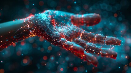 Poster - A wireframe hand reaches out to digital technology elements in a concept of machine learning or cyber security