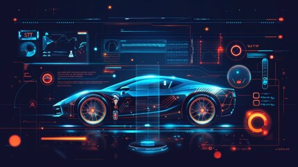 Fototapete - Futuristic car service, scanning and data analysis banner. Futuristic smart car and icons with machine benefits. Modern image.