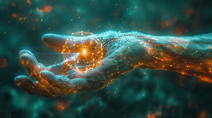 Aufkleber - IoT or machine learning concept, futuristic polygon hand pointing at dotted globe