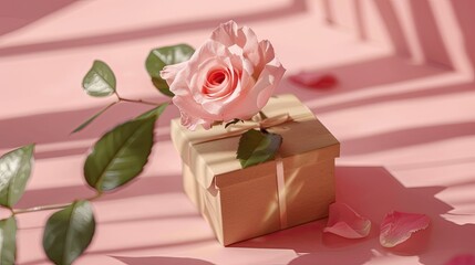 Poster - The Mother s Day design features a pink rose flower and a kraft gift box elegantly displayed on a pink table background