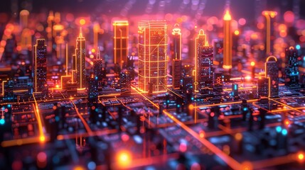 Fototapete - In this isometric graphic, buildings have electronic patterns with electronic patterns, which is a concept of a smart city or a digital city