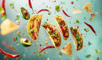 Wall Mural - Mexican tacos flying in the air exploding with flavour and bursting with fresh ingredients