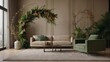 Modern Living Room Ambiance, Beige Wall, Contemporary Furniture, and a Stylish Green Arch with Dried Flowers
