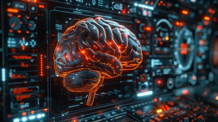 Leinwandbilder - Brain analysis with medical technology element, graphic depicting MRI scan interface.