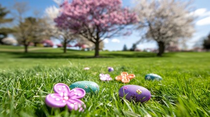 Wall Mural - Easter concept and colors. Holiday background with Easter Eggs