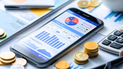 Fototapete - A cell phone is on a table with a pile of coins and a calculator. The phone is displaying a graph. Business  Finance concept. Generative Ai Illustration.