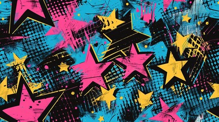 punk pop rock style elements stars with color splash abstract background, seamless pattern tile, Generative Ai