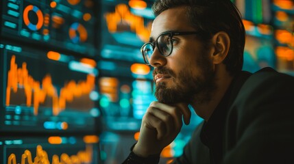 Fototapete - A man is looking at a computer screen with many graphs and numbers. He's wearing glasses. Concept of focus and concentration as the man analyzes the data on the screen. Generative ai illustration.