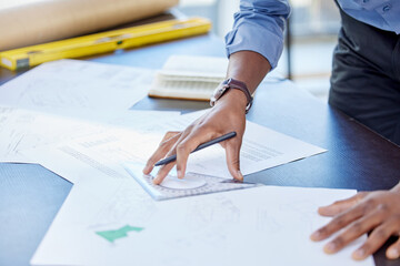 Poster - Hands, man and drawing on blueprint in office with pencil for planning a building design, layout and project as architect. Table, construction and engineering person with idea for renovations