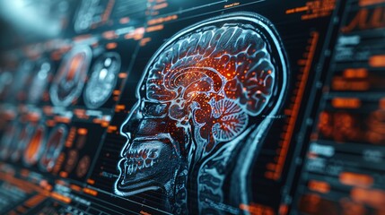 Leinwandbilder - Graphic of MRI scan interface, analysis of brain with medical health care technology element